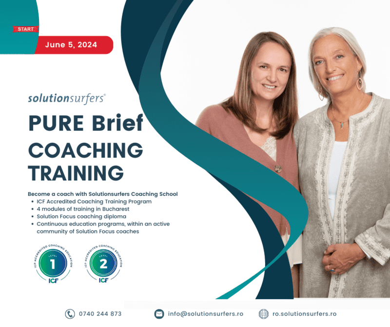 Școla de coaching Solutionsurfers vă propune programul PURE Brief Coaching Training care este unic în România și beneficiază de acreditare internațională, în acord cu noile cerințe ICF - Federația Internațională de Coaching pentru nivelurile 1, 2 si 3.