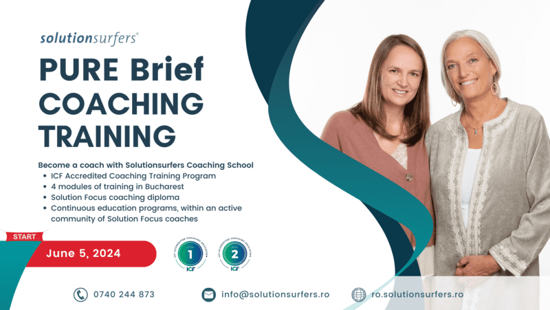 Școala de coaching Solutionsurfers vă propune programul PURE Brief Coaching Training care este unic în România și beneficiază de acreditare internațională, în acord cu noile cerințe ICF – Federația Internațională de Coaching pentru nivelurile 1, 2 si 3.