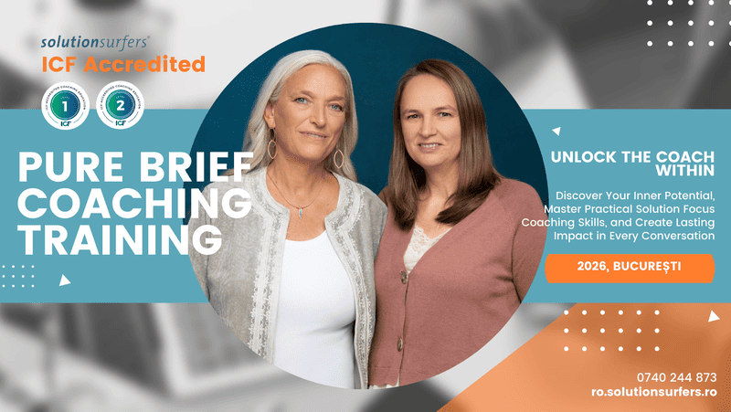Școala de coaching Solutionsurfers vă propune programul PURE Brief Coaching Training care este unic în România și beneficiază de acreditare internațională, în acord cu noile cerințe ICF - Federația Internațională de Coaching pentru nivelurile 1, 2 si 3.
